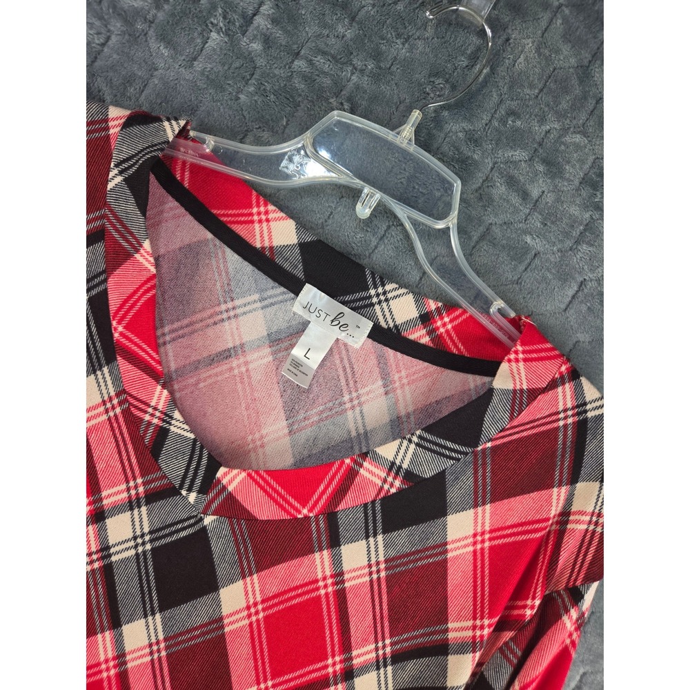 Just Be Womens Red Black Plaid V-Neck High-Low Long Sleeve Top Large